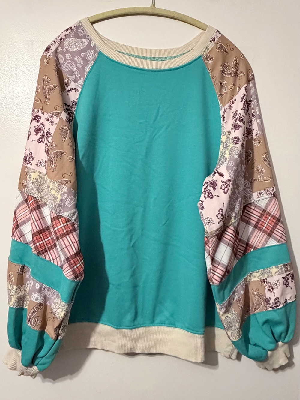 4/$25 Teal Patchwork Raglan Pullover Sweatshirt